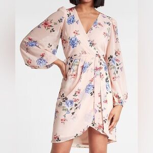 BNWT Express - Pink Floral Faux Wrap Tulip Hem Dress - Never Worn
